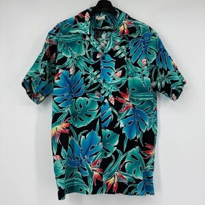 Hilo Hattie Mens Large Hawaiian Shirt Blue Green Monstera Bird of Paradise VTG
